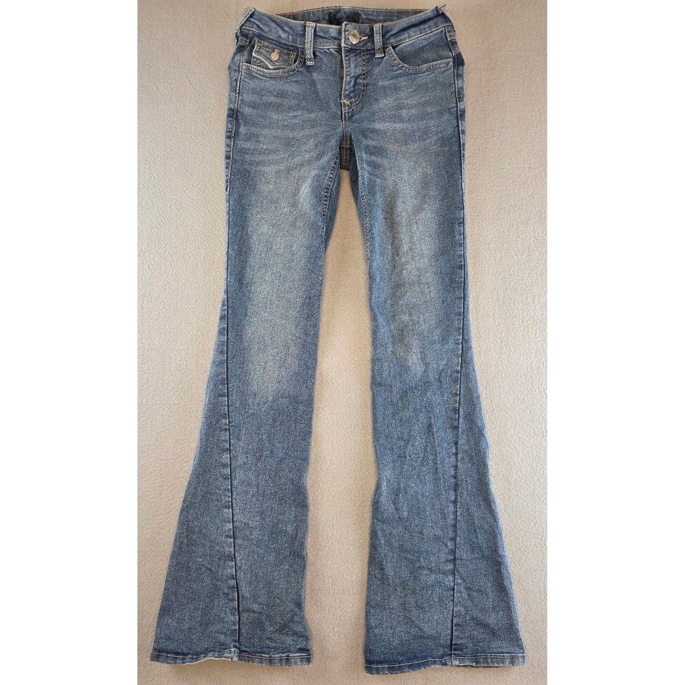 True Religion Joey SN Flap Flare Jeans Low Rise Super T Blue Denim Womens 25